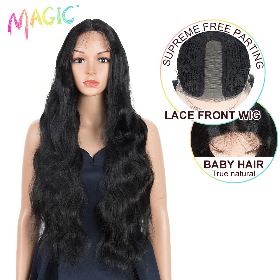 Magic 34inches Nature Wave Wig With Baby Hair Middle Part Synthetic Lace Wig Black Wig for Black Women Heat Resistant Hair держатель для пустышки на цепочке baby of nature