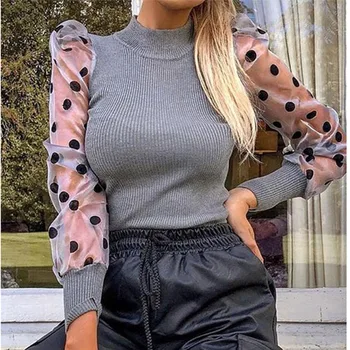 

Polka Dot Mesh Sleeve Patchwork Ribbed Sweater Women Mock Neck Insert Puff Sleeve Knitted Pullover Blouse Autumn Jumper