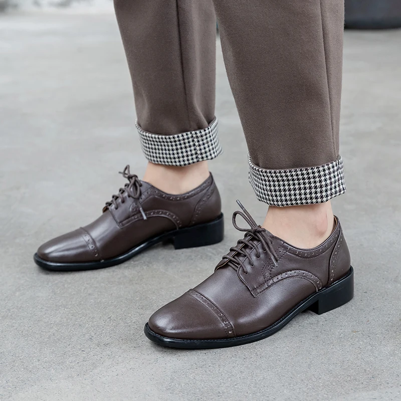 Women's Shoes Square Heel Pumps Casual Black Brown Spring Leather Szie 40 Shoes Woman