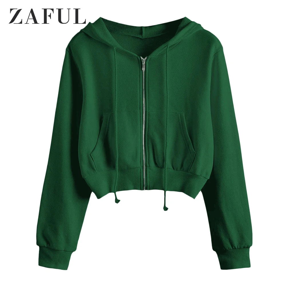Green ZAFUL толстовки женские свитшоты на молнии с карманами укороченный однотонный худи спортивная одежда Топы повседневные пуловеры женские модные свитеры - Цвет: Green
