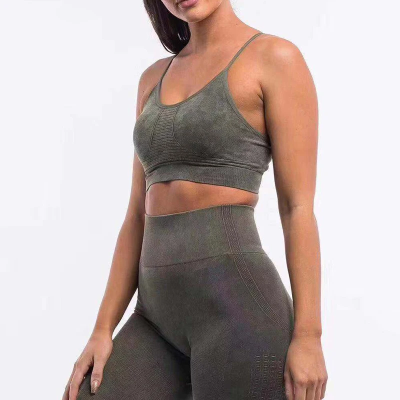 

Retro Seamless Yoga Set Women Mid Waist Workout Gym Legging+Adjustable Workout Gym Crop Top High Impact Padded Bras