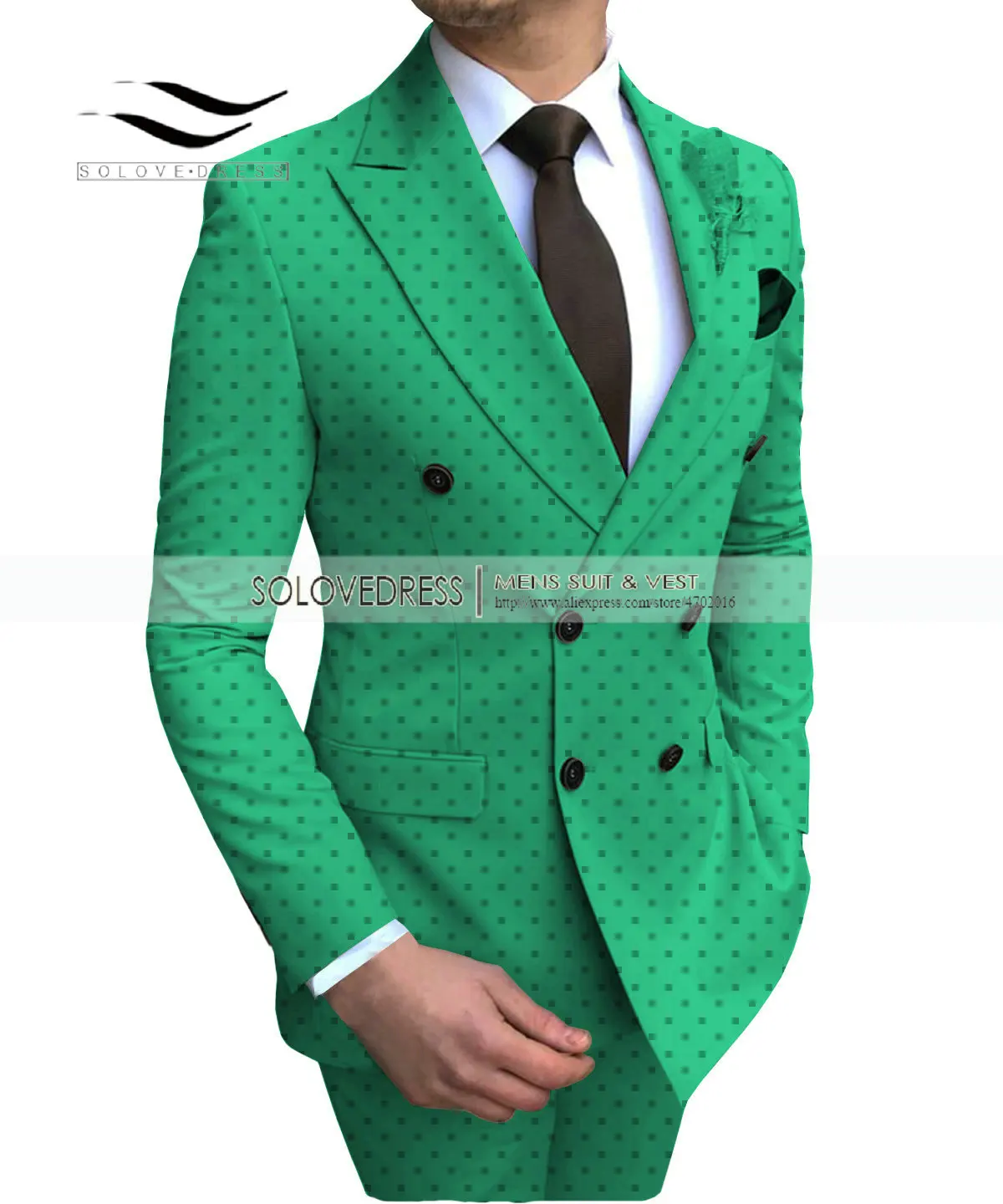 Green Men's 2 Pieces Poika dot Bussiness Suit Double Breasted Regular Fit Notch Lapel Prom Tuxedos For Wedding/Party(Blazer+Pants - Color: Green