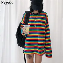 Neploe, футболка в радужную полоску, осенняя, Harajuku, женская рубашка с длинным рукавом, плюс размер, женские футболки, корейские топы, женские 37059