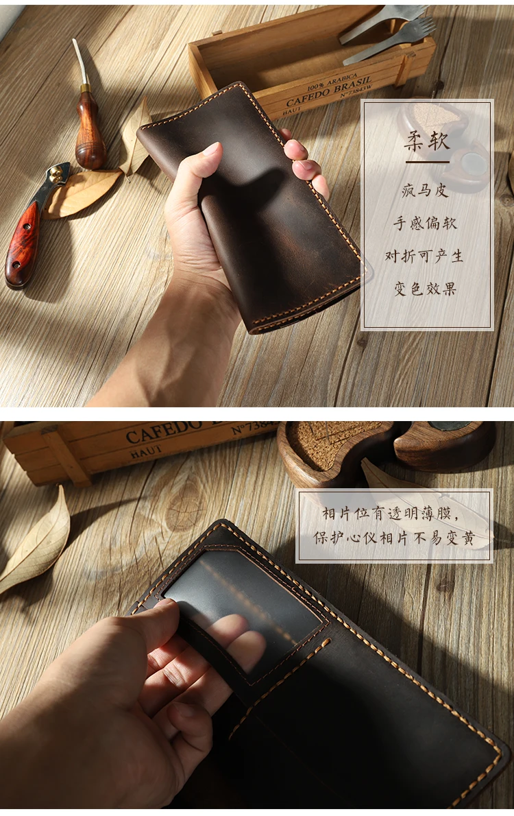 100% Handmade Vintage Crazy horse Genuine Leather wallet men long wallet Leather men Purse male money clips money bag Clutch Bag 4