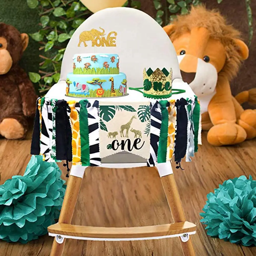 FENGRISE 1st Birthday Party Decoration Kids Banner Hat Cake Topper Jungle Safari Birthday Party Supply Animal First Birthday Boy