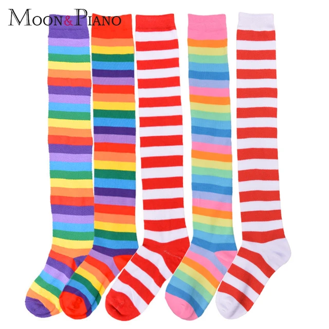 Calcetines Rayas De Color Arcoíris Para Niña, Medias Largas Para Fiesta Escolar, A La Moda, Cálidas Informales, Hasta El Muslo, Por Encima De La Rodilla - - AliExpress