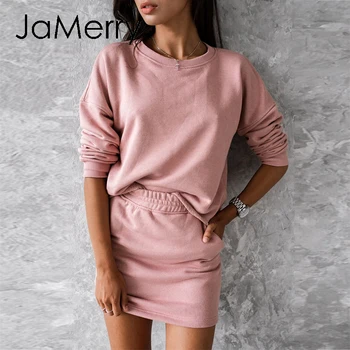 

JaMerry Casual solid color two piece Fashion long sleeve short skirt set Round neck pocket women's two piece set Autumn 2020