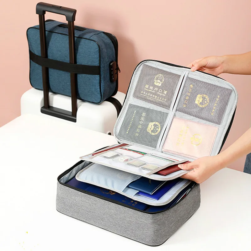 Grande capacité multi-couche Document billets sac de rangement certificat fichier organisateur étui maison voyage passeport cartes sac avec serrure