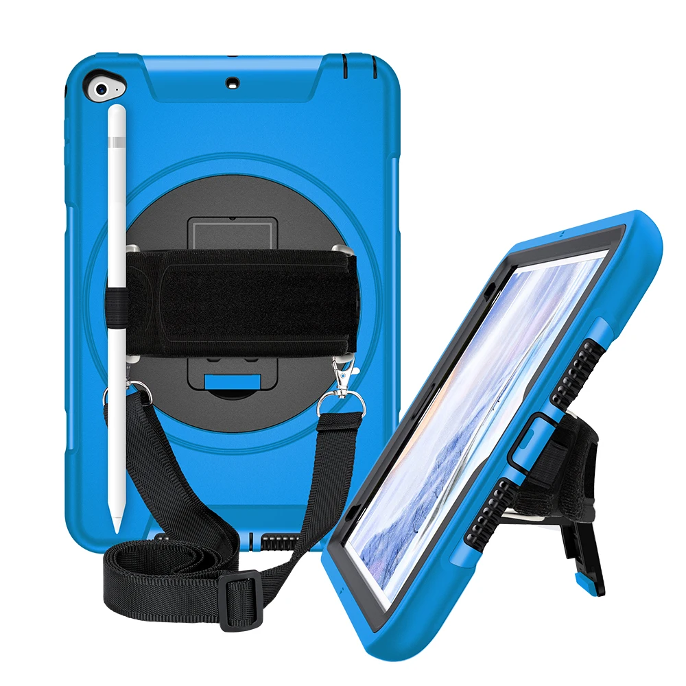 

For iPad Mini 4 5 Case with Pen Holder Protective Cover with 360° Rotation Stand+Shoulder Hand Strap for iPad Mini5 2019 FTL02