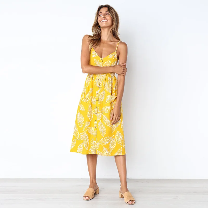 2018 New LOSSKY Women Print Floral Stripe Bohemian Dress V-Neck Sleevele Sexy Button Beach Casual Boho Midi Dress Plus Size 3XL