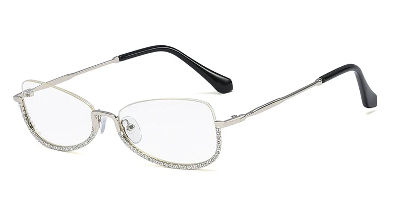 silver black frame MINCL роскошные очки со стразами для женщин кошка Металл золото прозрачные линзы Половина рамки очки рецепт дамы uv400 NX - Цвет оправы: silver black frame