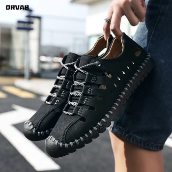 

Handmade Retro Genuine Leather Men Casual Shoes Brand Mens Loafers Moccasins Breathable Summer Black Driving Shoes Size 38-48