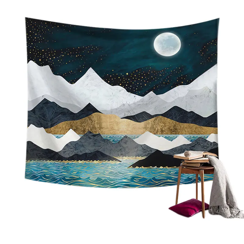 

Vintage Mediterranean Tapestries Color Big Moon Snow Mountain Sky Night Scenery Hanging Wall Tapestry Hippie Retro Home Decor