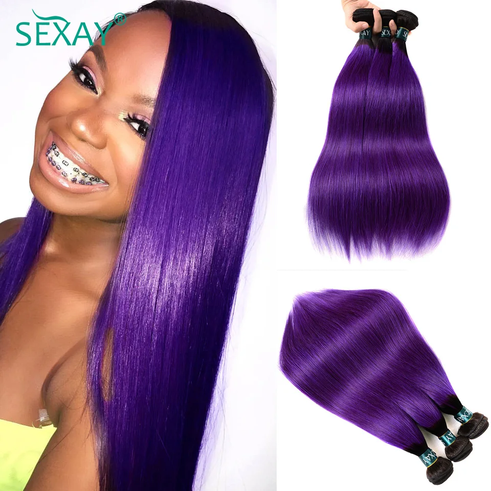 Sexay 1B Purple Colored Hair Bundles Peruvian Straight Human Hair Weave 10-28 Inch Remy Straight Ombre Human Hair Weave Bundles