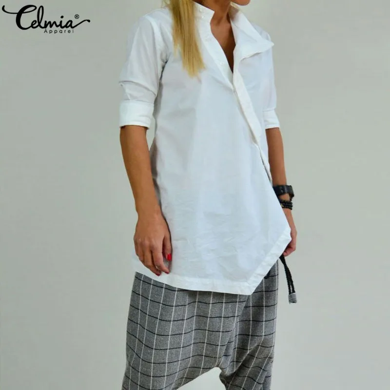 Najtaniej Celmia Vintage kobiety popy i bluzki długi guzik na rękawie w dół retro koszule luźne dorywczo jednolite, asymetryczne obszycie Blusas Plus rozmiar