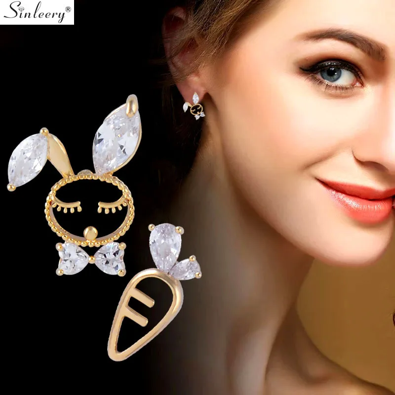 SINLEERY асимметричные серьги-гвоздики с кроликом морковкой желтый Золотой Серебристый цвет прозрачный Циркон маленькие серьги для женщин ювелирные изделия ES620 SSH