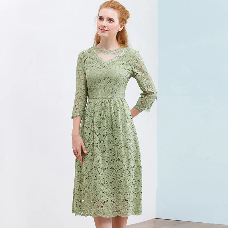 ONLY PLUS Green Lace Dress Women Hollow Out A-line V-Neck 2020 Summer Half Sleeve One-Piece High Waist Spring | Женская одежда