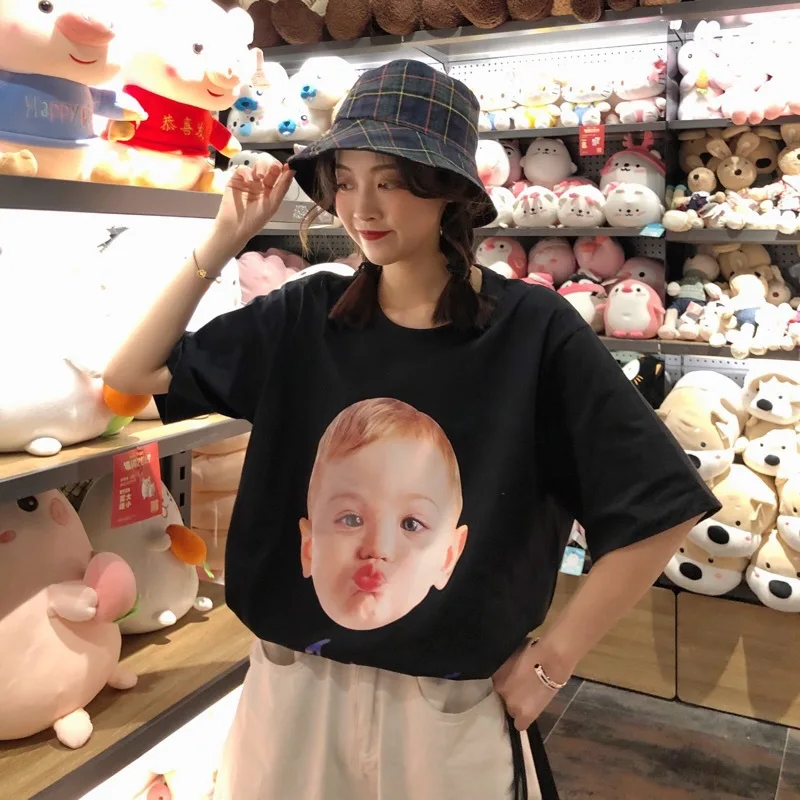 

2019 summer Cotton tshirts Korean-Version Plus-Size Ladies Loose Harajuku Kawaii Graphic Tees Hot-Sale Bottoming Shirt