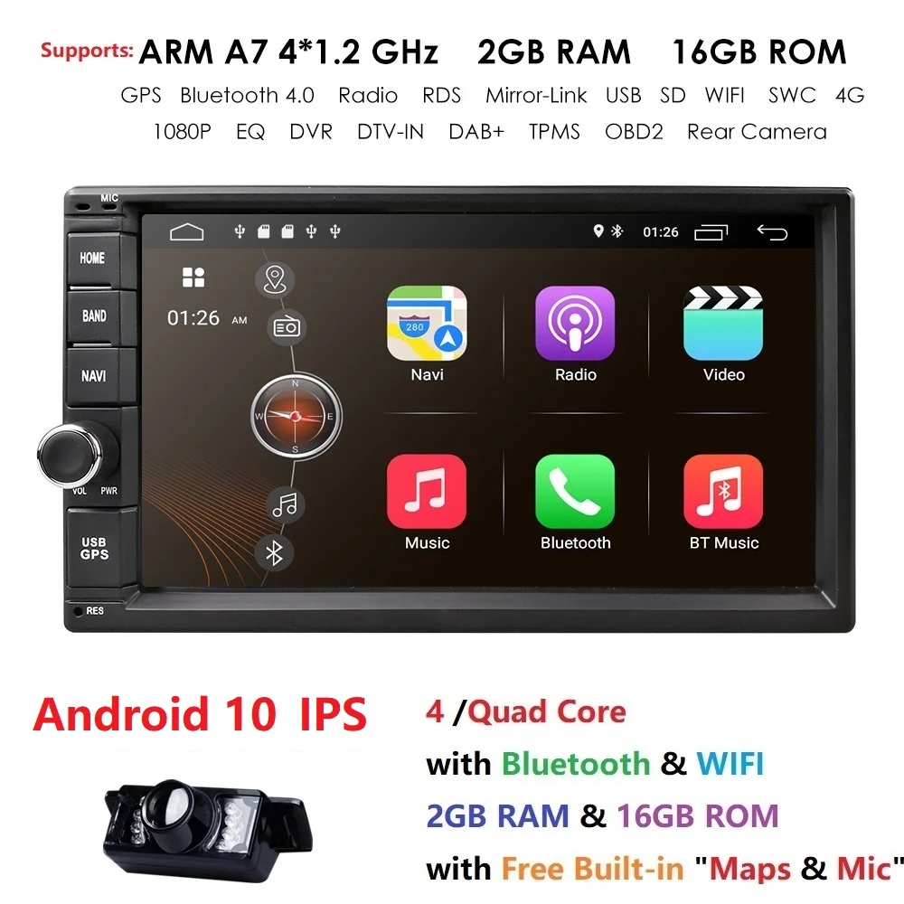 2019 Android10.0 2DIN универсальный автомобильный без DVD-плеера Авторадио четырехъядерный