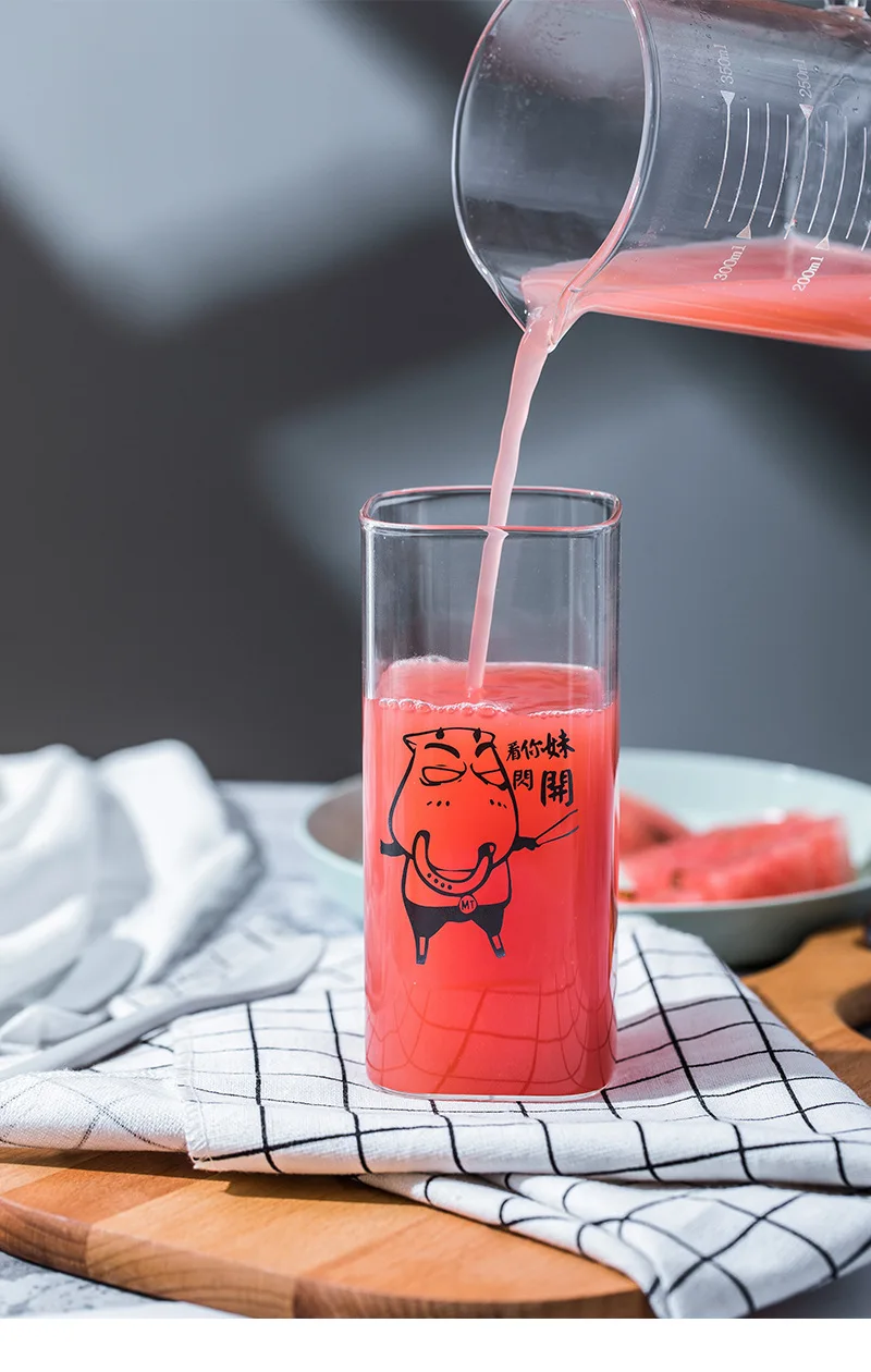 Cartoon Animal Milk Cup Transparent Borosilicate Square Glass Breakfast Juice Cups Heat Resistant Glass With Wooden Airtight Lid And Glass Straw 400-Ml 26 Undefined