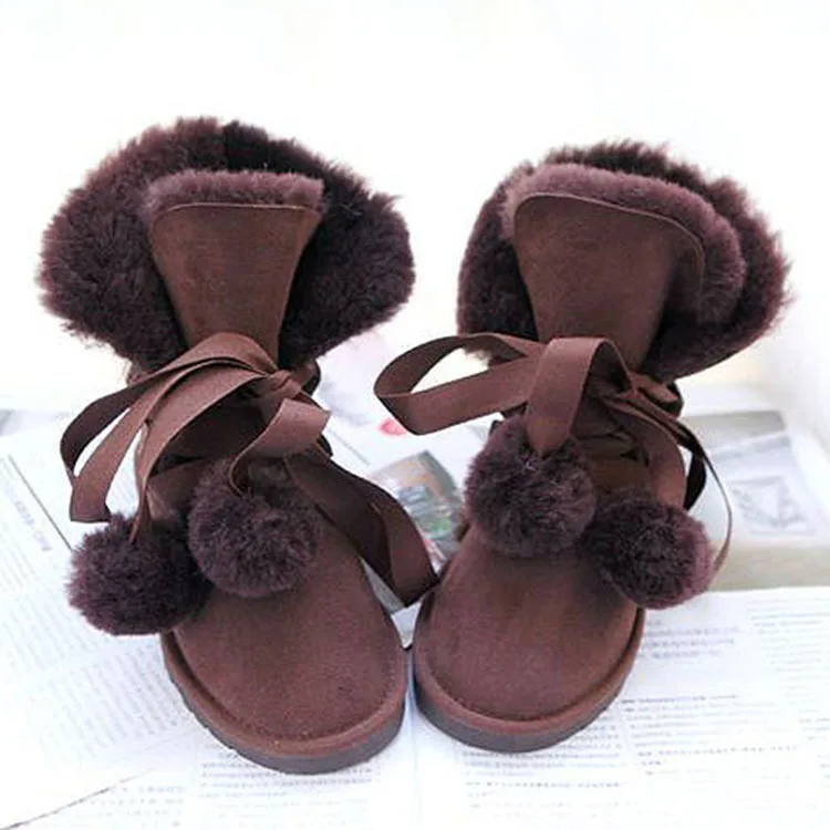 New Top Quality Fashion Women Snow Boots Natural Fur Warm Women Boots Genuine Sheepskin Leather Lace Up Winter Boots Shoes - Цвет: Chocolate