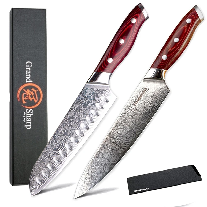 

GRANDSHAR Knife Set 2Pcs Damascus Kitchen Knives Chef Santoku Knife Japanese Damascus Stainless Steel vg10 Sharp Cleaver Gift