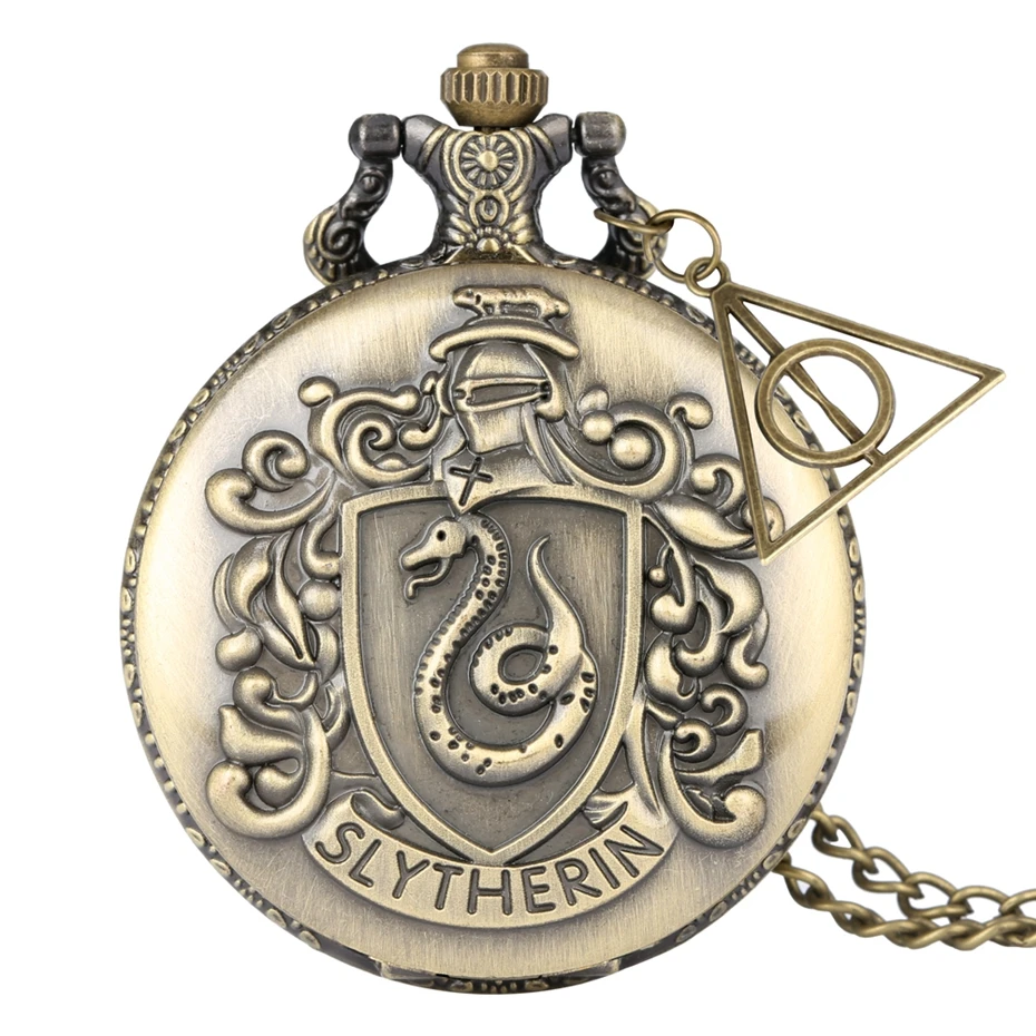 Slytherin Ретро Бронзовый Гриффиндор кварцевые карманные часы Изысканный кулон часы ожерелье цепь с полым треугольником аксессуар Рождественский подарок - Цвет: Slytherin