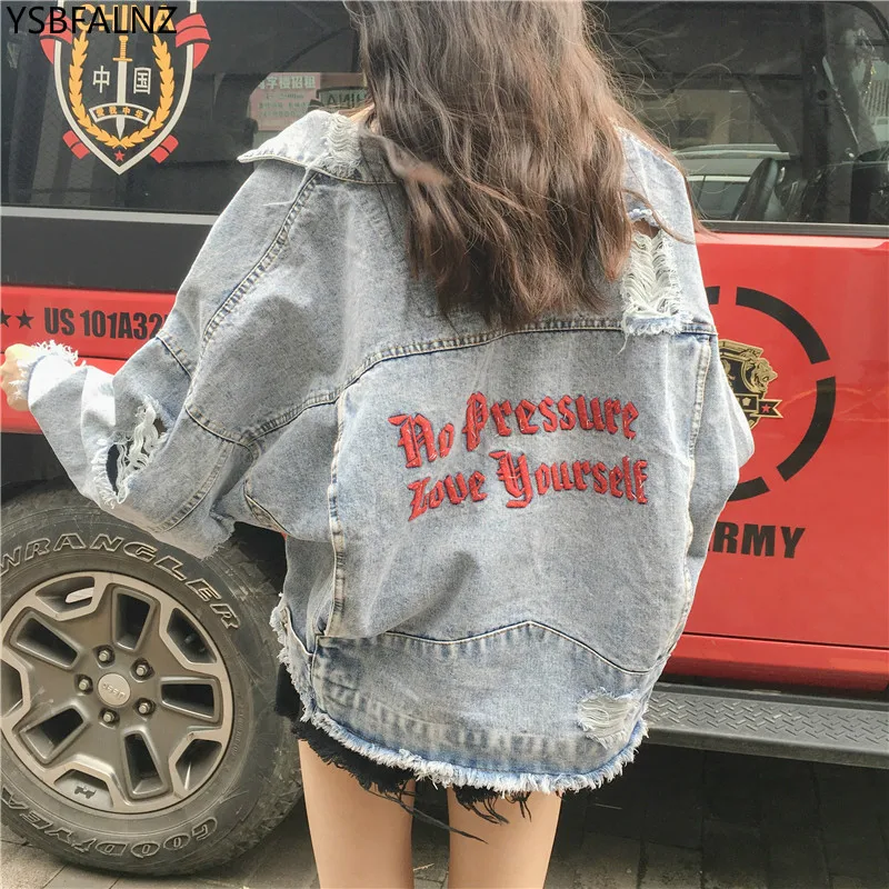 

Spring Jean Jacket Women Vintage Letter Print Frayed Autumn Winter Ripped Hole Denim Coat Female Bomber Jackets Chaqueta Mujer