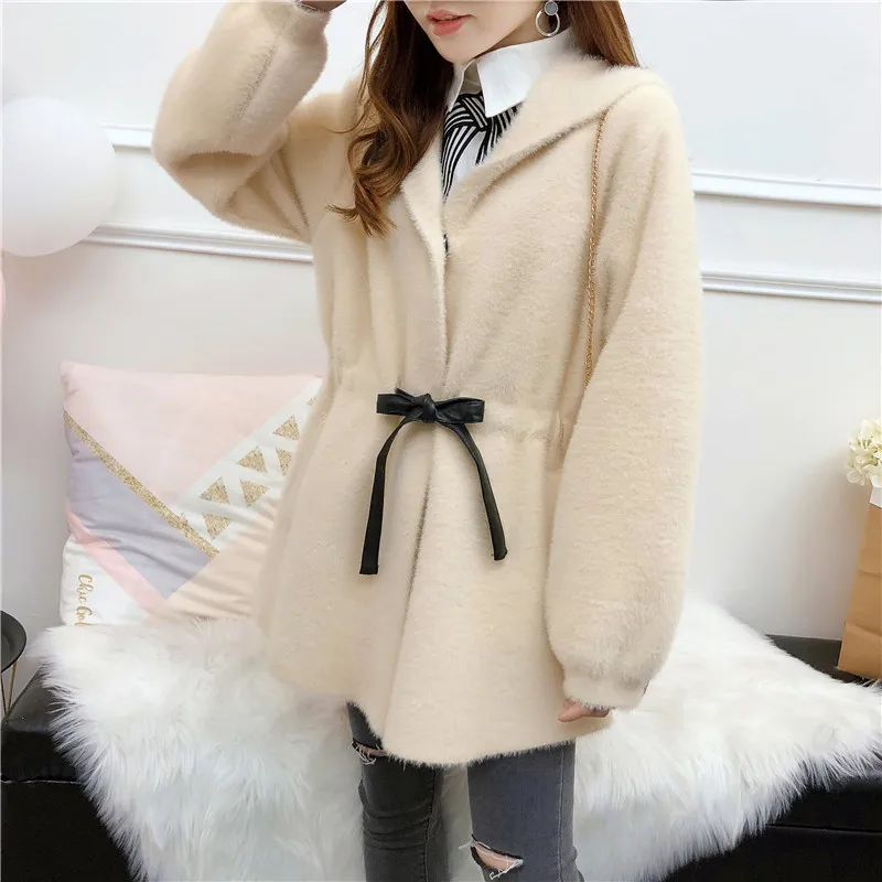 

Women 2019 Spring Autumn Faux Mink Cashmere Cardigan Female Elegant Solid Waistband Sweater Cardigan Lady Warm Knitted Sweaters