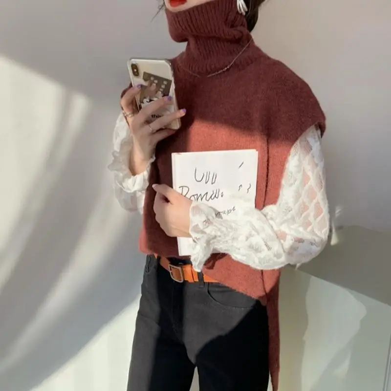 Повседневная водолазка без рукавов для девочек, однотонный короткий вязаный женский свитер, пуловер без рукавов, теплый свитер