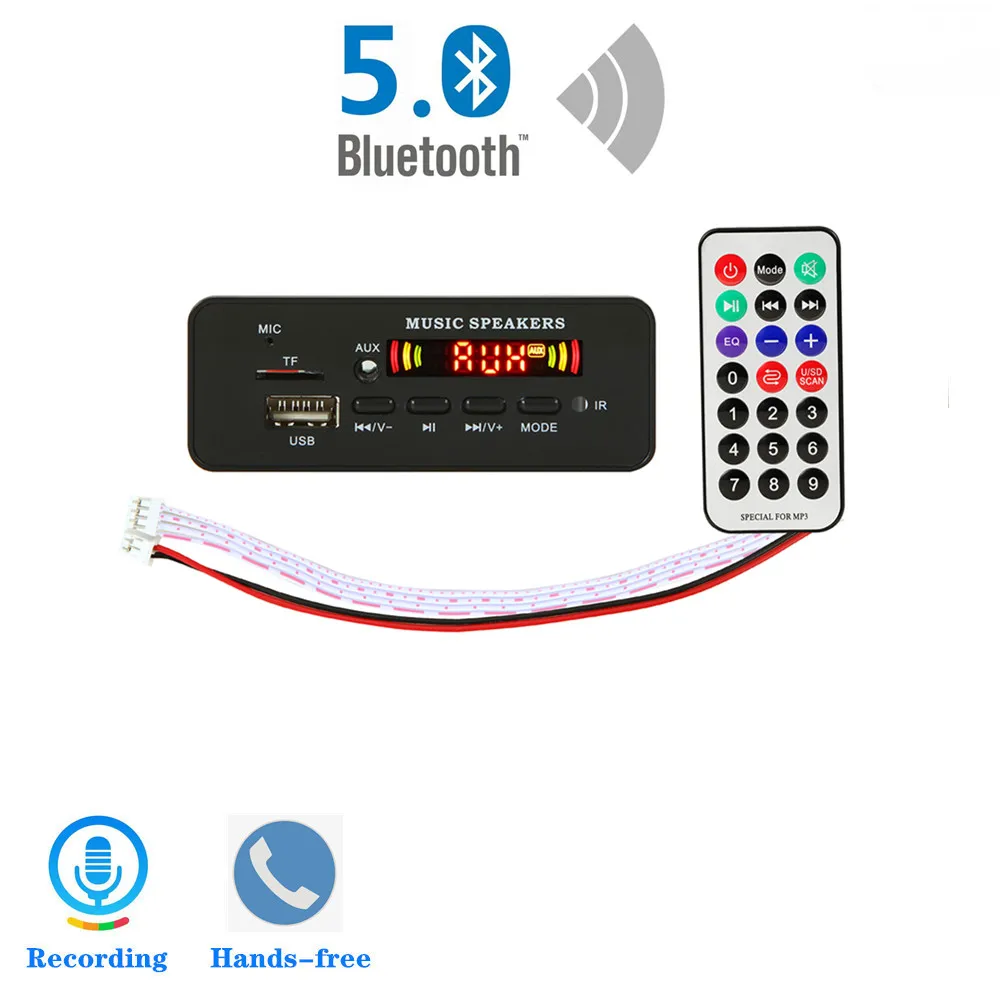 Placa decodificadora de MP3 de pantalla a Color de 5V y 12V, WMA WAV FLAC, Bluetooth, reproductor Mp3, USB, TF, FM, con grabación de llamadas