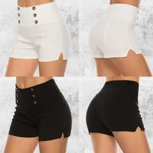 Calções casuais femininos verão nova cintura alta retalhos sexy magro botão lado dividir verão senhoras shorts