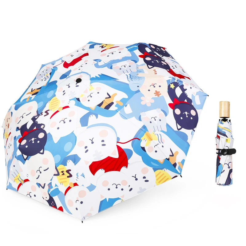 YADA INS New Cartoon Cute Cats Umbrella Folding Wood Handle Animal Umbrellas For Women UV Windproof Rainy Umbrella Parasol YD246 - Цвет: white