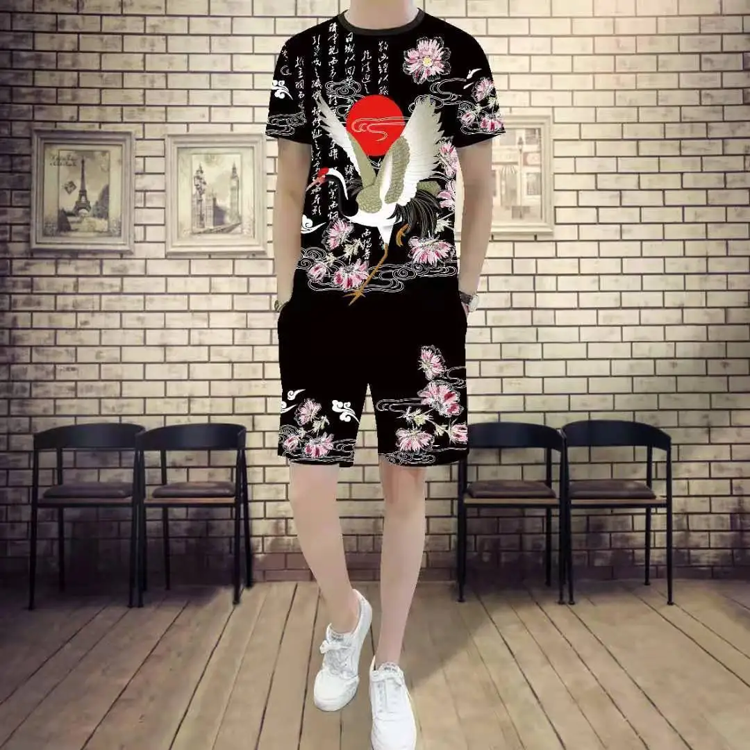 

Men's summer casual collocation men's short-sleeved T-shirt + shorts 2-piece 3D big crane phoenix print handsome men's suit