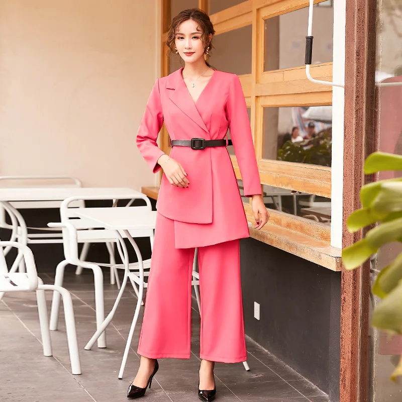 

2019 Autumn New Style WOMEN'S Coat Slim Fit Solid Color Suit Irregular Mid-length Elegant Two-Piece Set Women's