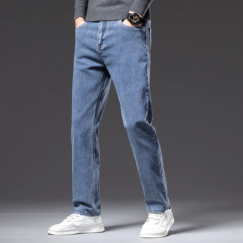 Plus Size 40 42 44 Autumn Men's Blue Straight Loose Jeans Business Casual Cotton Stretch Denim Pants Male Brand 2