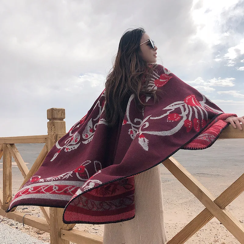 Imitation Cashmere Oversized Print Flower Poncho Scarf Women Scarves Mantle Autumn Winter Thick Warm Cloak Outdoor Cape Shawl