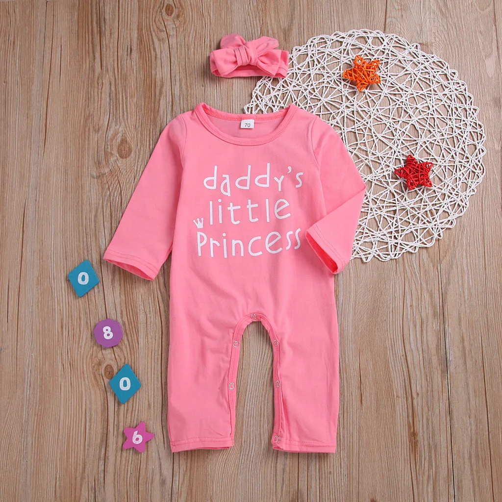 Одежда для новорожденных девочек с надписью Детский комбинезон с повязкой-бантом, комплект одежды, хлопковая удобная одежда для новорожденных 0-2 лет