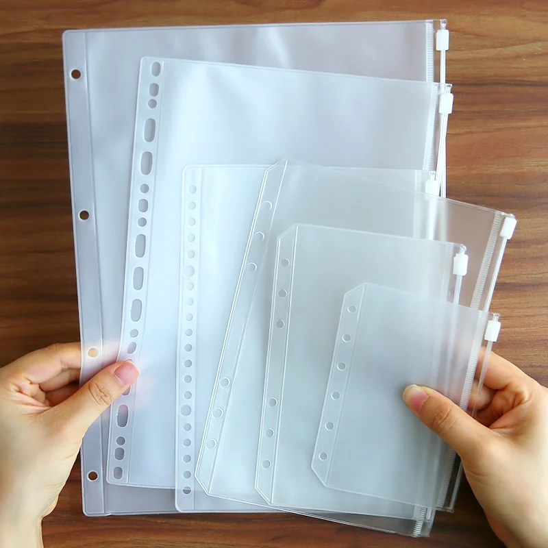 PVC Transparent Punch Zipper Stationery Storage Bags Loose Leaf Pages for Scrapbook Notes Cards Stationery Holder 1 Piece