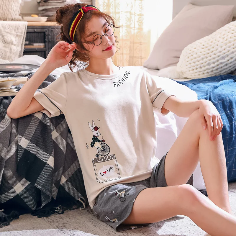 

Summer Cotton Women Pajamas Set Cartoon Pijama Mujer Short Sleeve Thin Casual Sweet Cute Big Size M-XXL Sleepwear Female Pyjamas