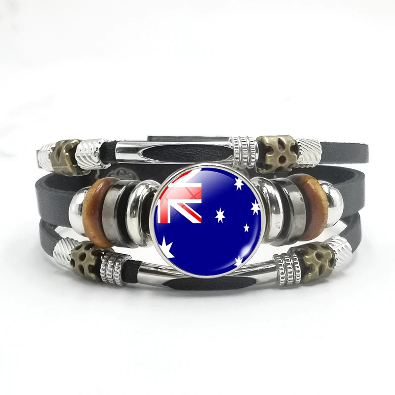 World Countries Flag Bracelet Glass Cabochon Black Leather Snap Button Unicorn Children's Men and Women Jewelry Gifts | Украшения и