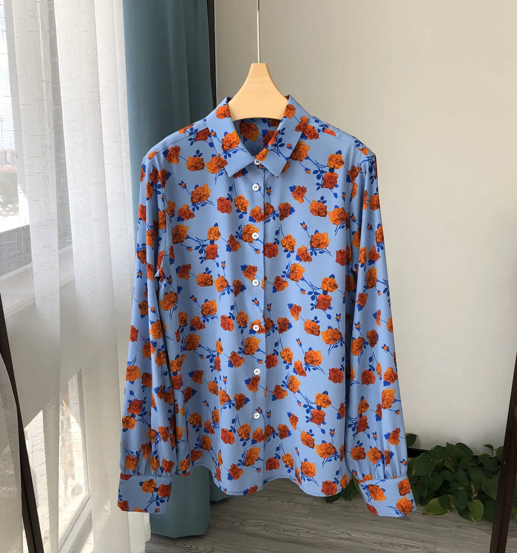 Early Autumn Women Oil Painting Roses Shirt 100% Silk Soft Chemise Turn-down Collar Long Sleeve Single Breasted Female Blouse | Женская