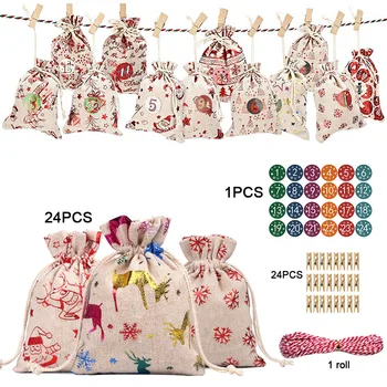 

24PCS Christmas Gift Bags linen Small Sacks For Candy Snacks Present Holder XMAS Print Bags With Stickers Christmas Tree Decor