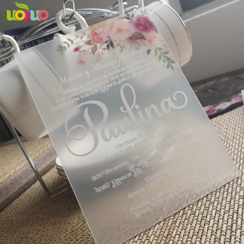 Бесплатный дизайн на заказ акриловая открытка с принтом розы для свадебных приглашений, матовая акриловая открытка с белой печатью слов