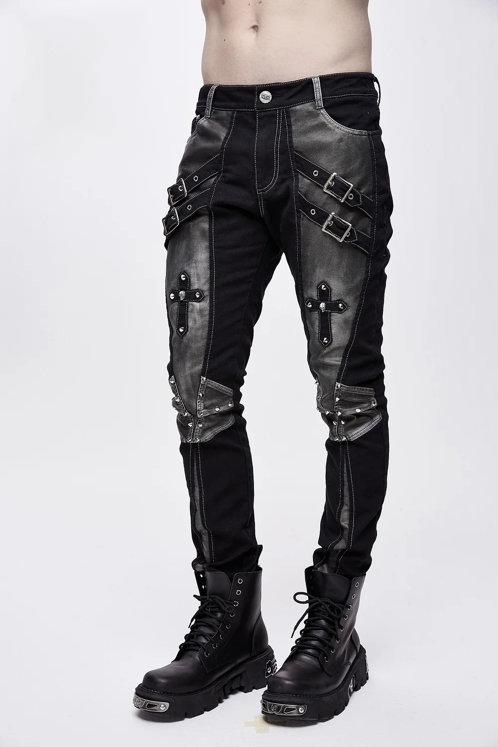 Devil Fashion Men's' Metal Buckets Cross Black Long Pants Rivets