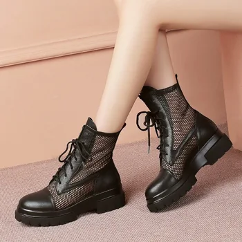 

boots, leather network in Europe and the wind round head with female comfortable breathable bottom thick short boots
