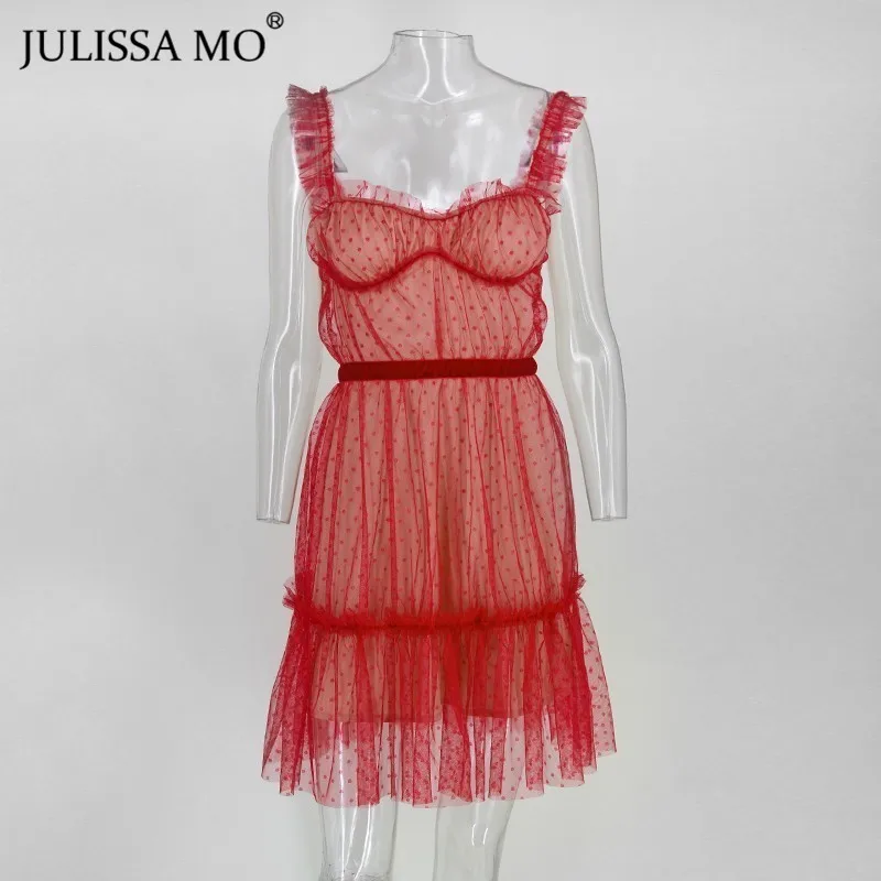 Красный Julissa mo белые контрастные кружевные вечерние платья женские без бретелек с открытой спиной сексуальные платья элегантные женские многослойные платья в горошек Короткие платья - Цвет: Красный