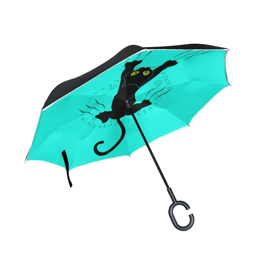 

Susino Black Cat Light Blue Reverse Umbrella Women Men Double Layer C-Shape Handle Ladies Umbrellas Waterproof Windproof