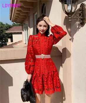 

2020 new fashion palace style cutout short dress Lace Zippers Knee-Length Office Lady Solid Sheath