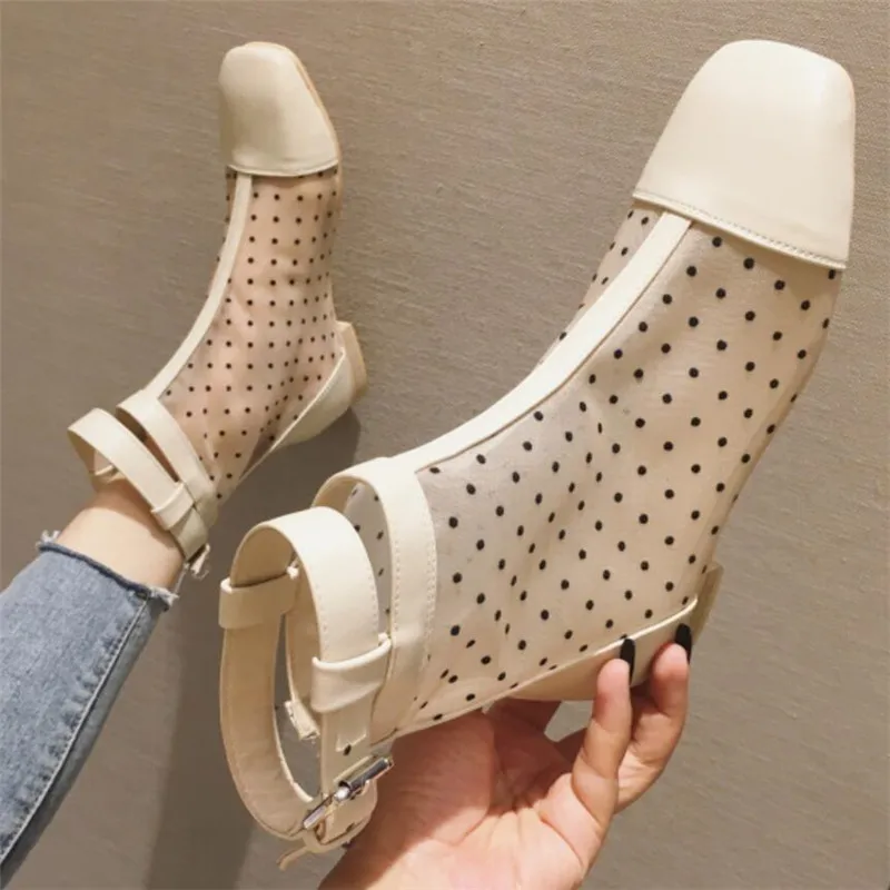 

Mhysa 2019 New Summer Boots flat Heel Chunky Boots Comfortable Breathable Mesh Square Toe Zip Short Ankle Pumps Boots Shoes
